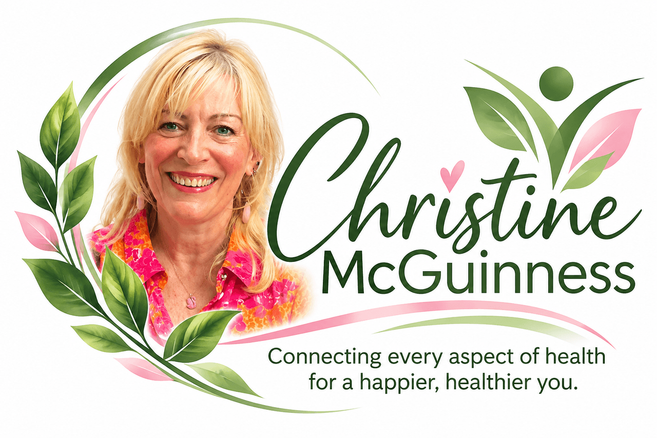 Christine McGuinness, surrounded by leaves, with the words Connecting every aspect of health for a happier, healthier you