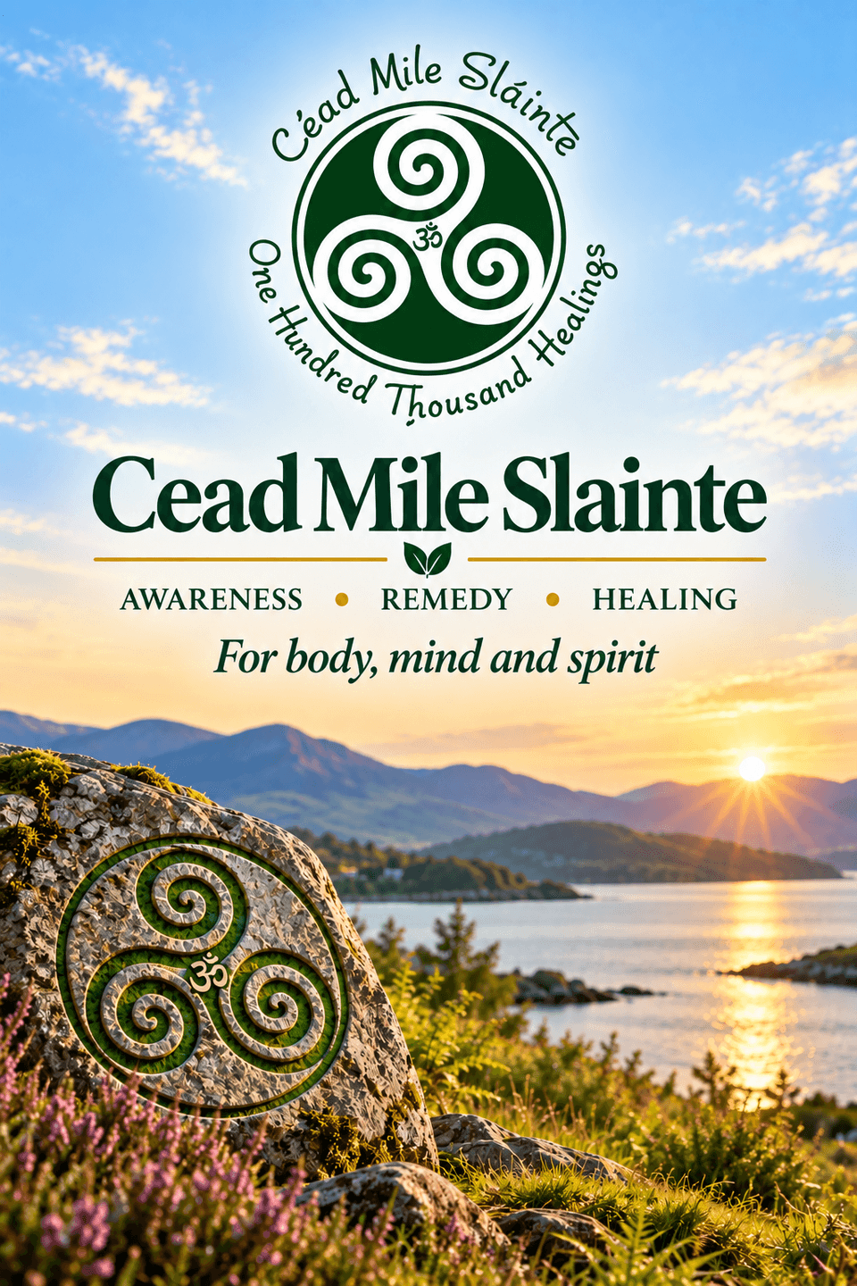 Cead Mile Slainte mark over a sunset lake, mountains and a carved triskele stone among heather